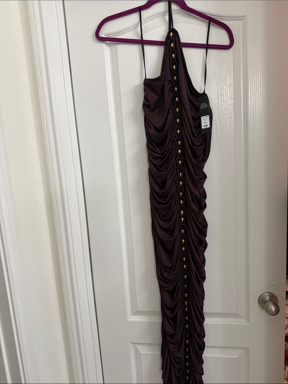 Fashion Nova Plum Ruched Maxi Dress with Gold Buttons